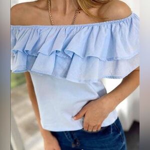 H&M Light Blue Pastel Off-Shoulder Ruffle Top – Size Small